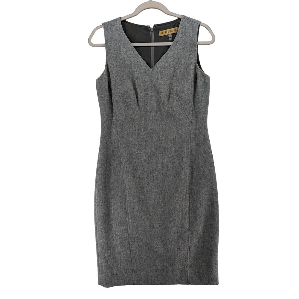 Nipon Boutique Sheath Dress 4 Gray VNeck Sleeveless Classic Office Formal Staple